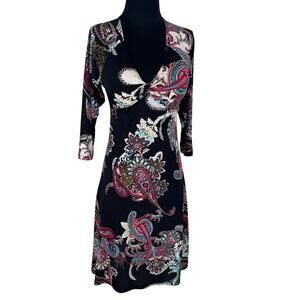 Pretty Young Thing Y2K Paisley & Leopard Print Dress Deep V Plunge Built-in Bra